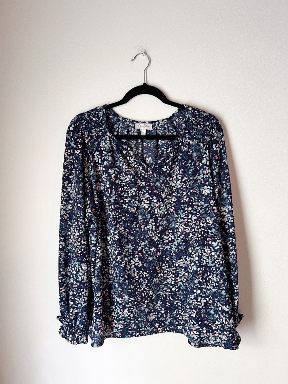 Jessica Simpson Floral Print V-Neck Peasant Blouse Navy Blue XL Cottagecore Boho